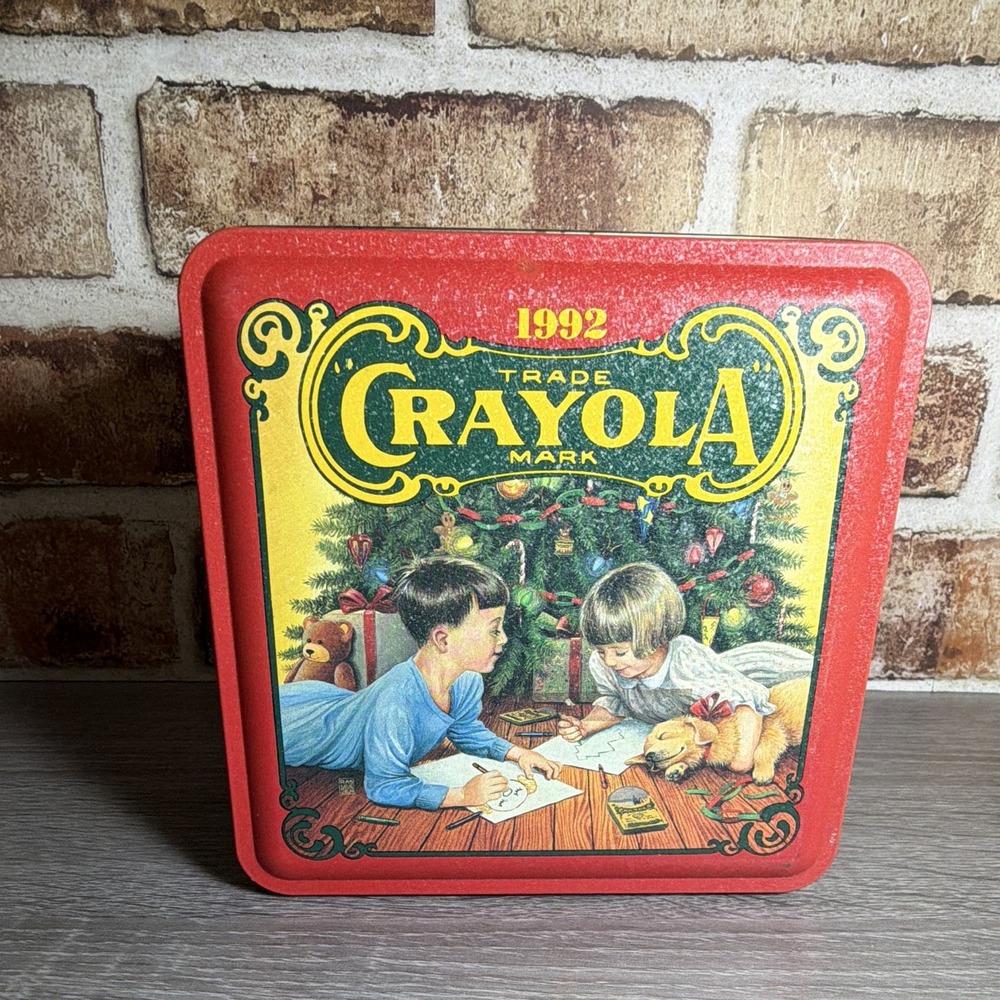 Vtg 1992 Crayola Colorful Holiday Wishes Christmas Rectangle Tin Box w/ Lid Red